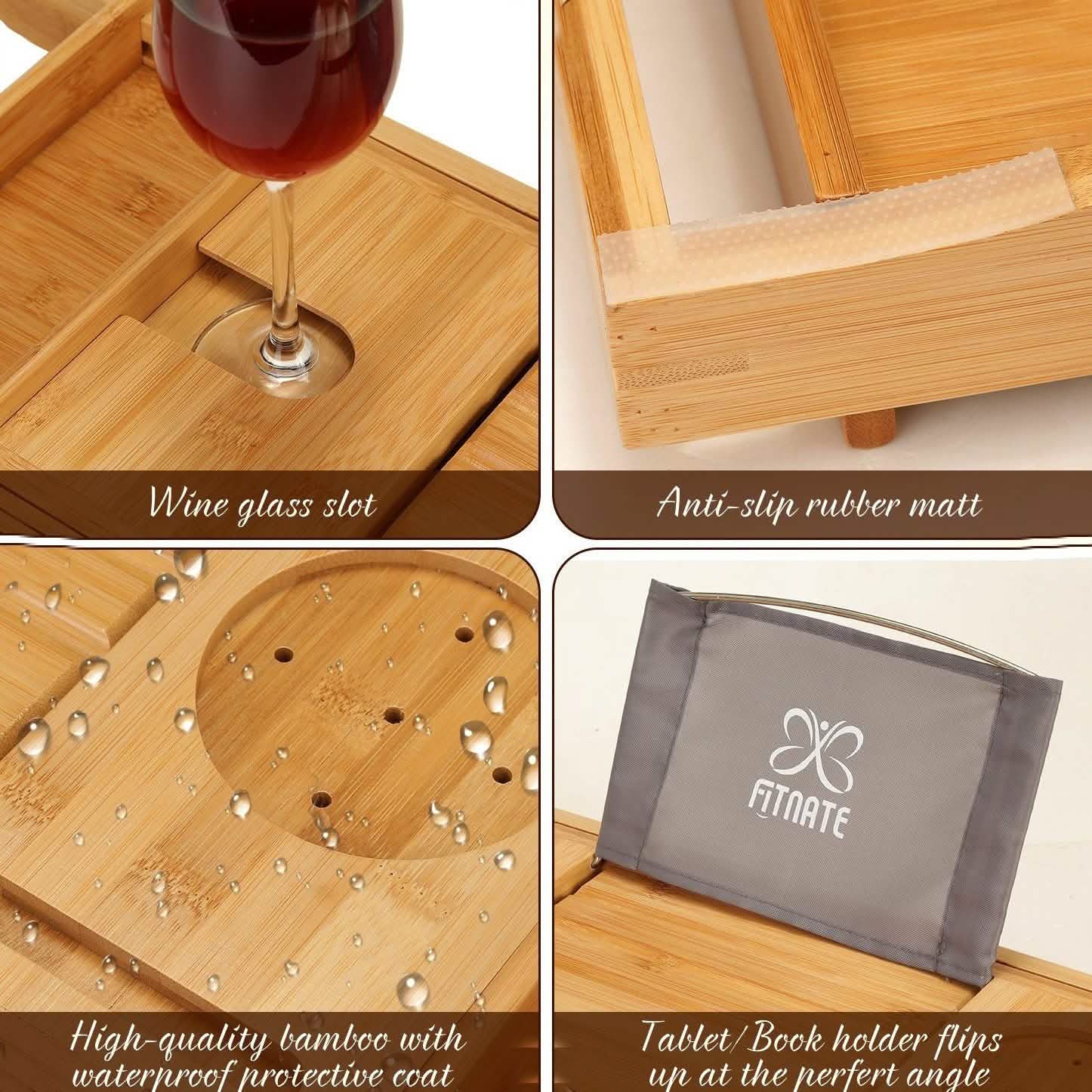 Plateau de baignoire en bois avec fente pour verre à vin, support de téléphone et porte-livre