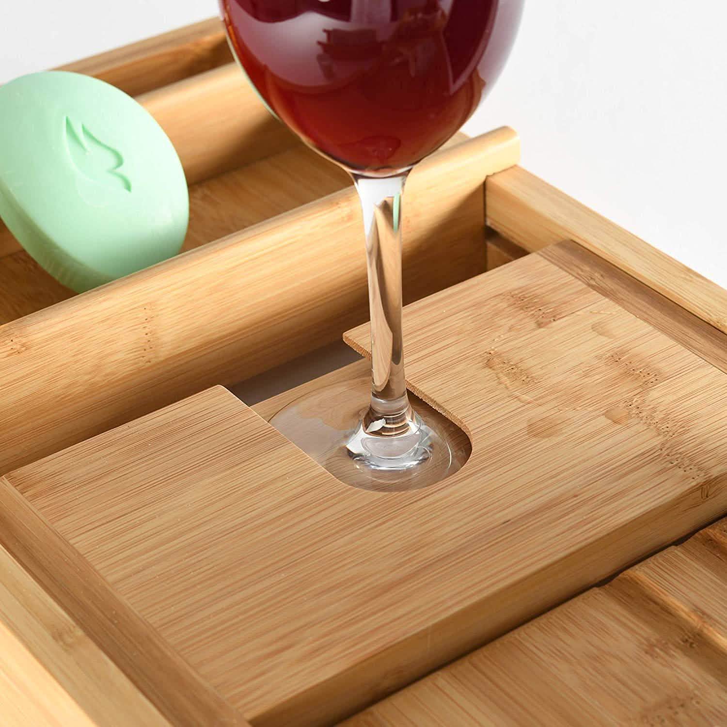 Plateau de baignoire en bois avec fente pour verre à vin, support de téléphone et porte-livre