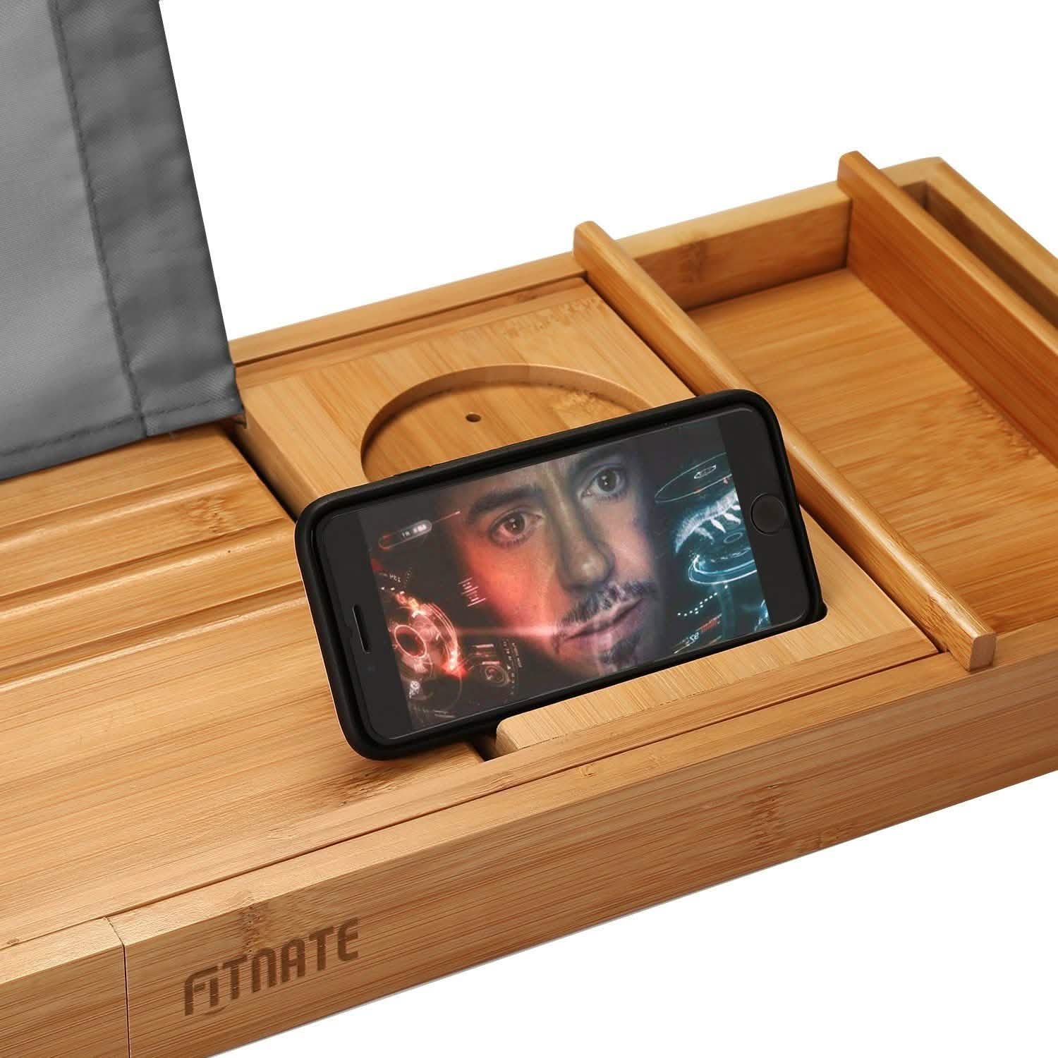 Plateau de baignoire en bois avec fente pour verre à vin, support de téléphone et porte-livre