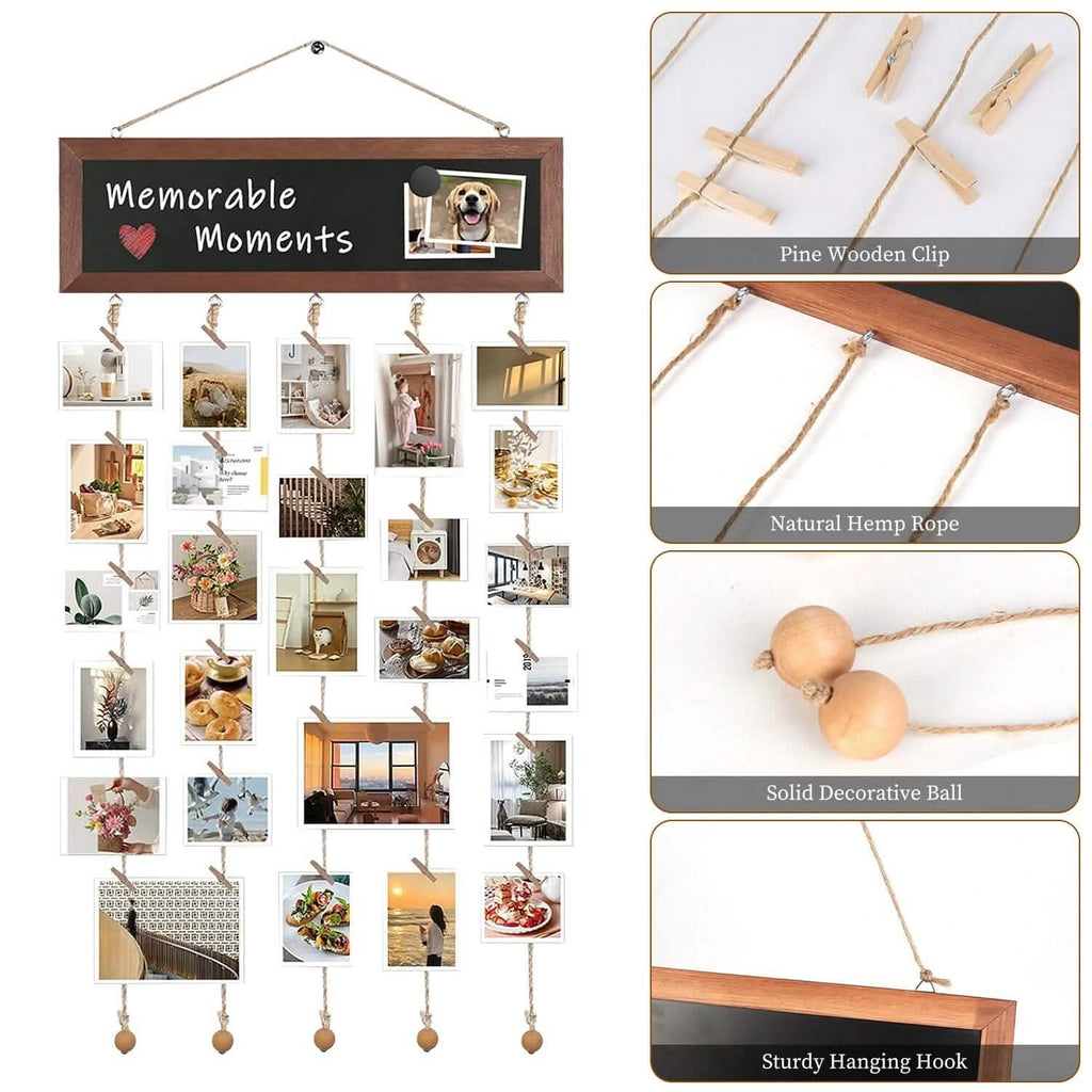 Wooden Hanging Picture Frame Display String Ropes with 30 Clips Writable Blackboard