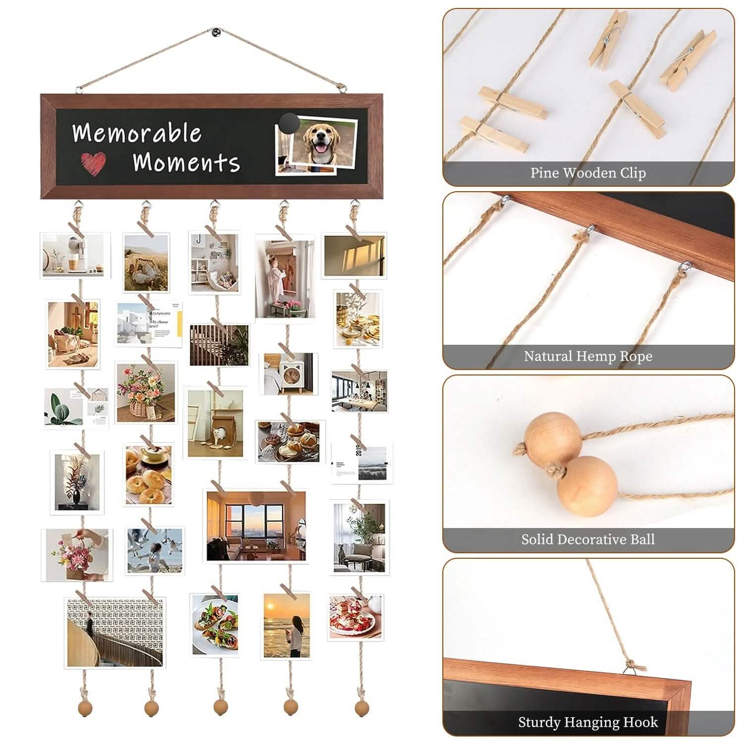 Wooden Hanging Picture Frame Display String Ropes with 30 Clips Writable Blackboard