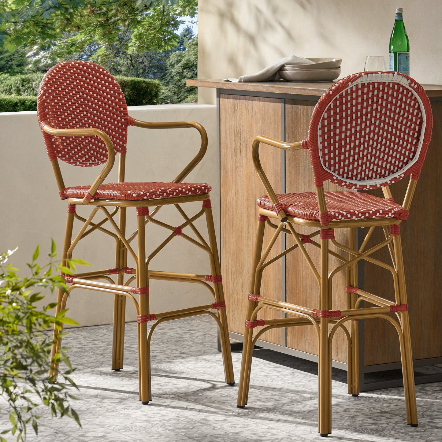 Outdoor Wicker and Aluminum 29.5" French Barstools, Set of 2