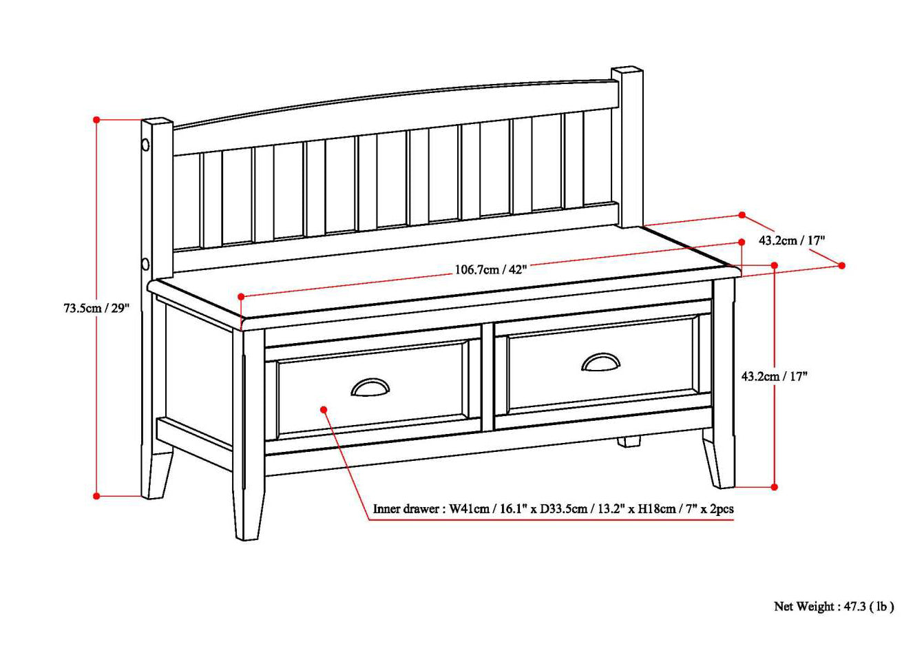 Burlington 42 Inch Wide Solid Wood Entryway Storage Bench with Drawers