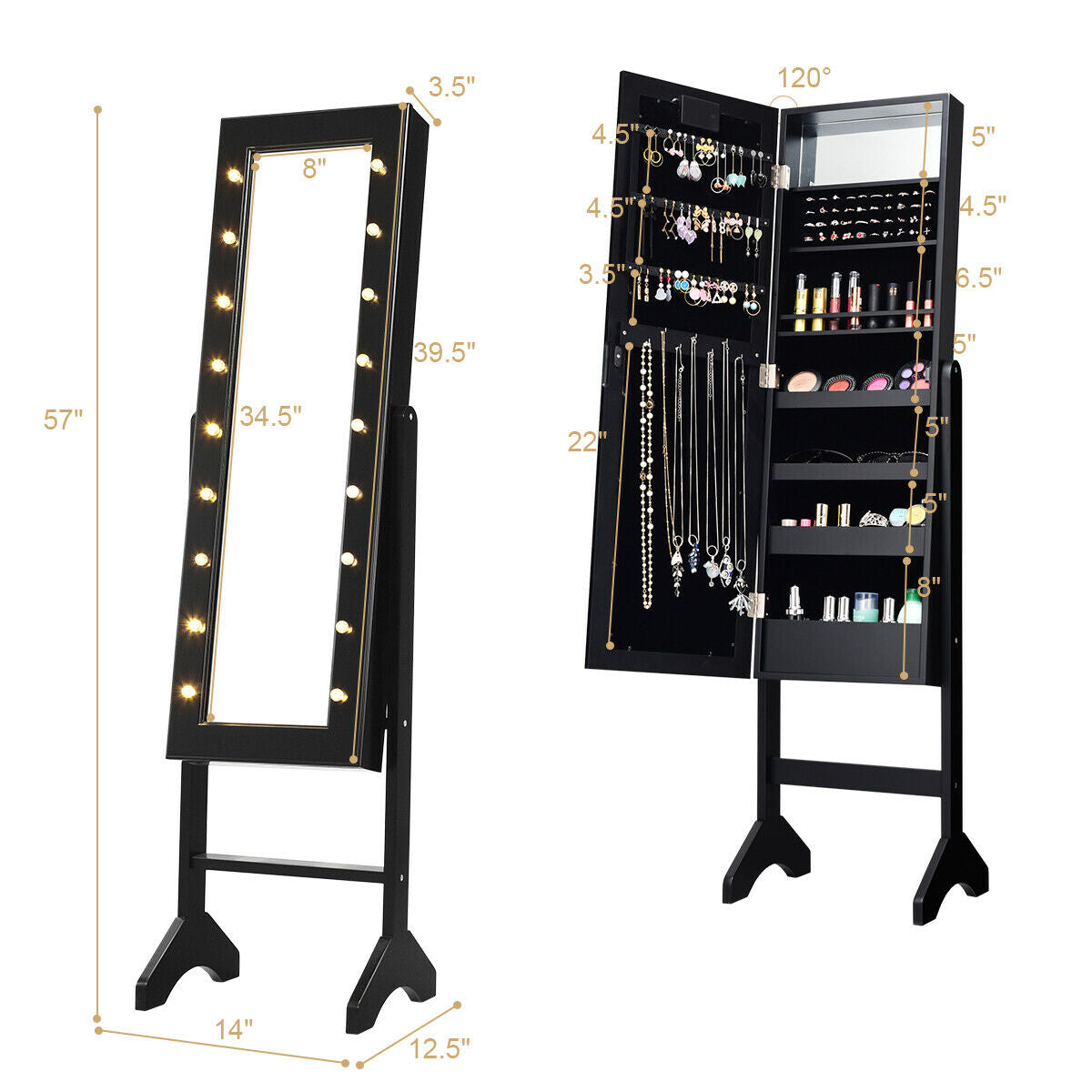 Mirrored Jewelry Cabinet Armoire Organizer w/ LED lights