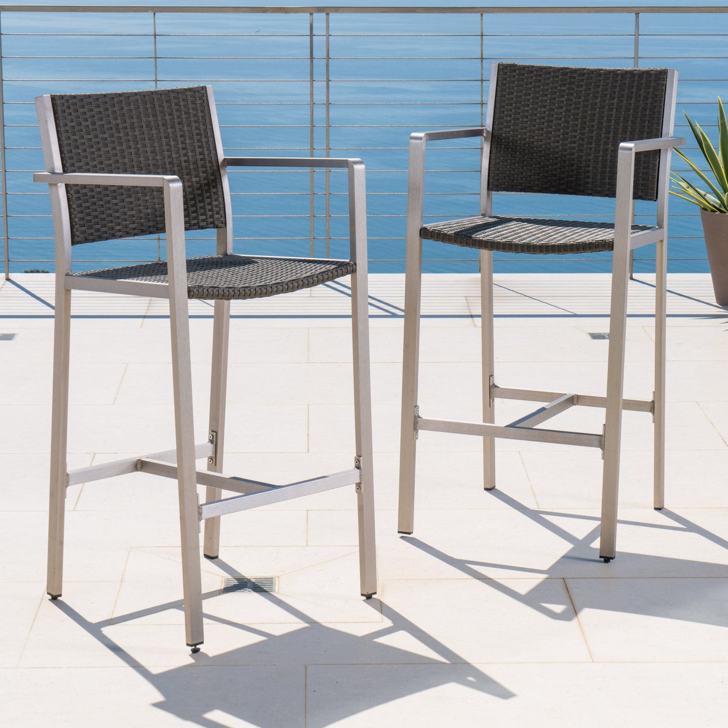 Outdoor Rust-Proof Aluminum Barstools with PE Rattan Seat - Set of 2