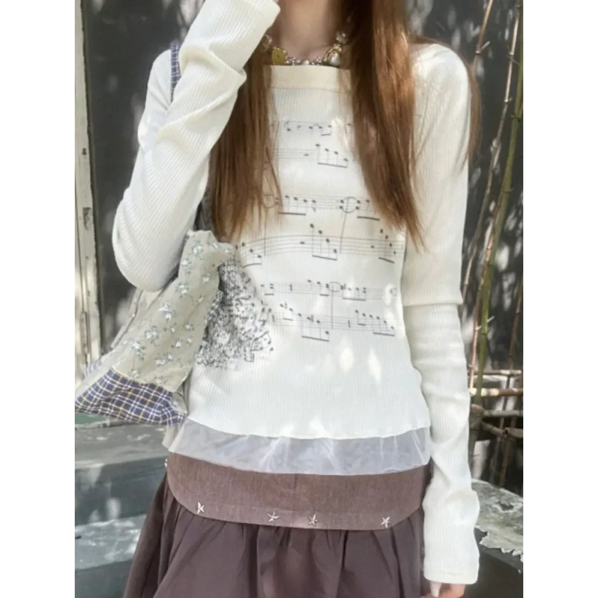 White Music Note Print Top – Off-Shoulder Y2K Grunge Tee