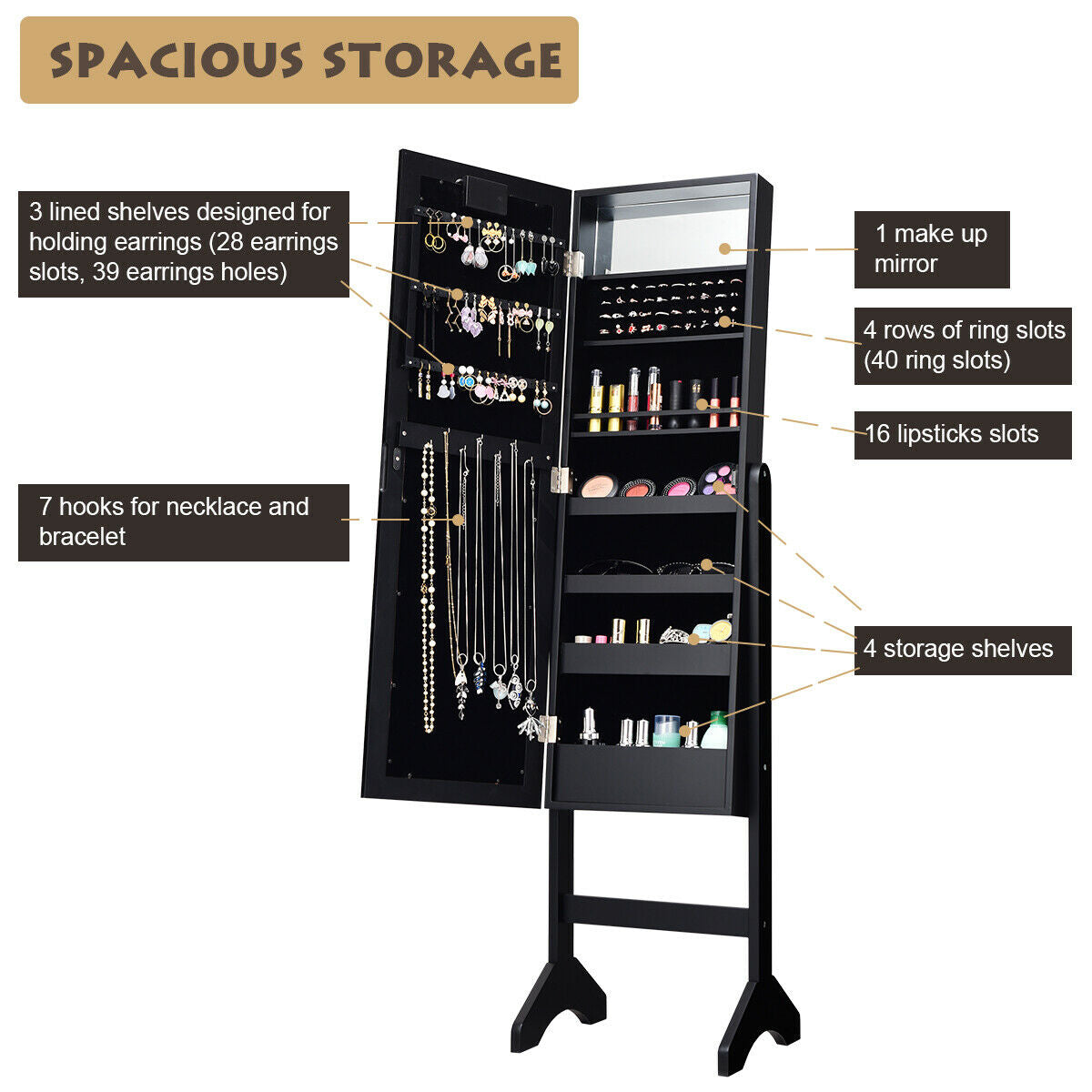 Mirrored Jewelry Cabinet Armoire Organizer w/ LED lights