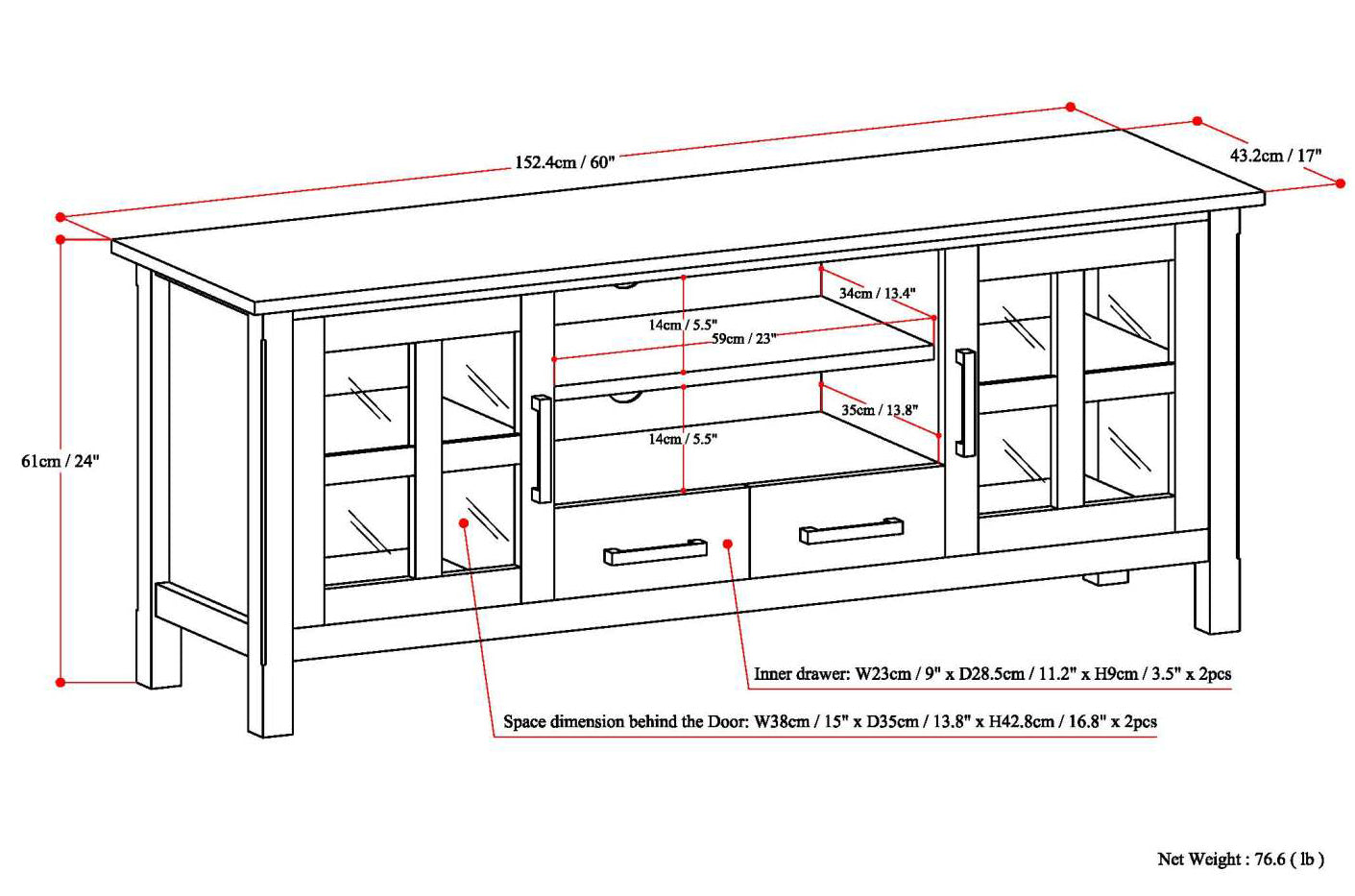 Kitchener 60 Inch Wide Solid Wood TV Stand in Hickory