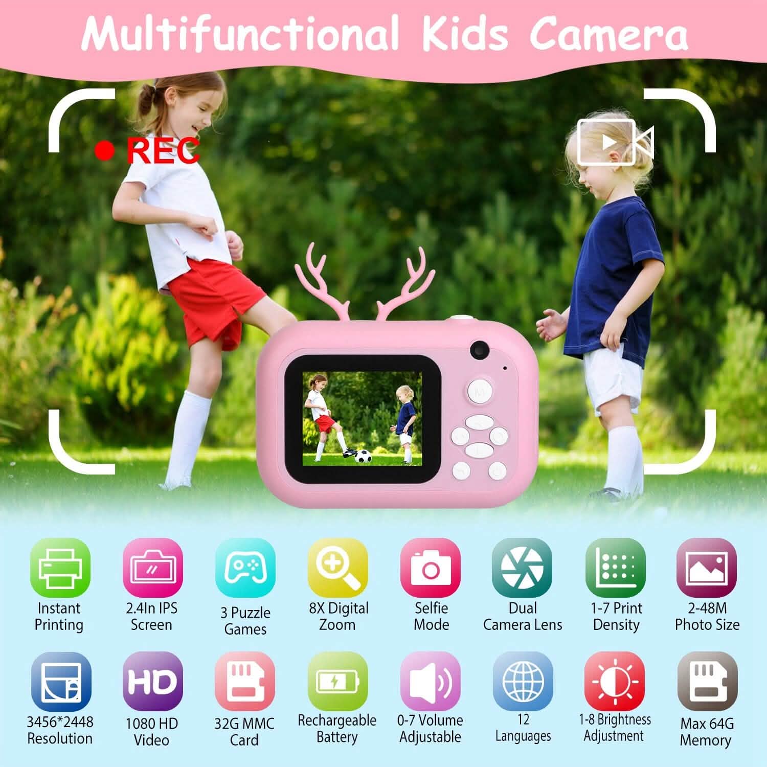 Zero Ink Selfie Camera 1080P HD Video Recorder with Dual Lens 3 Roll Print Papers